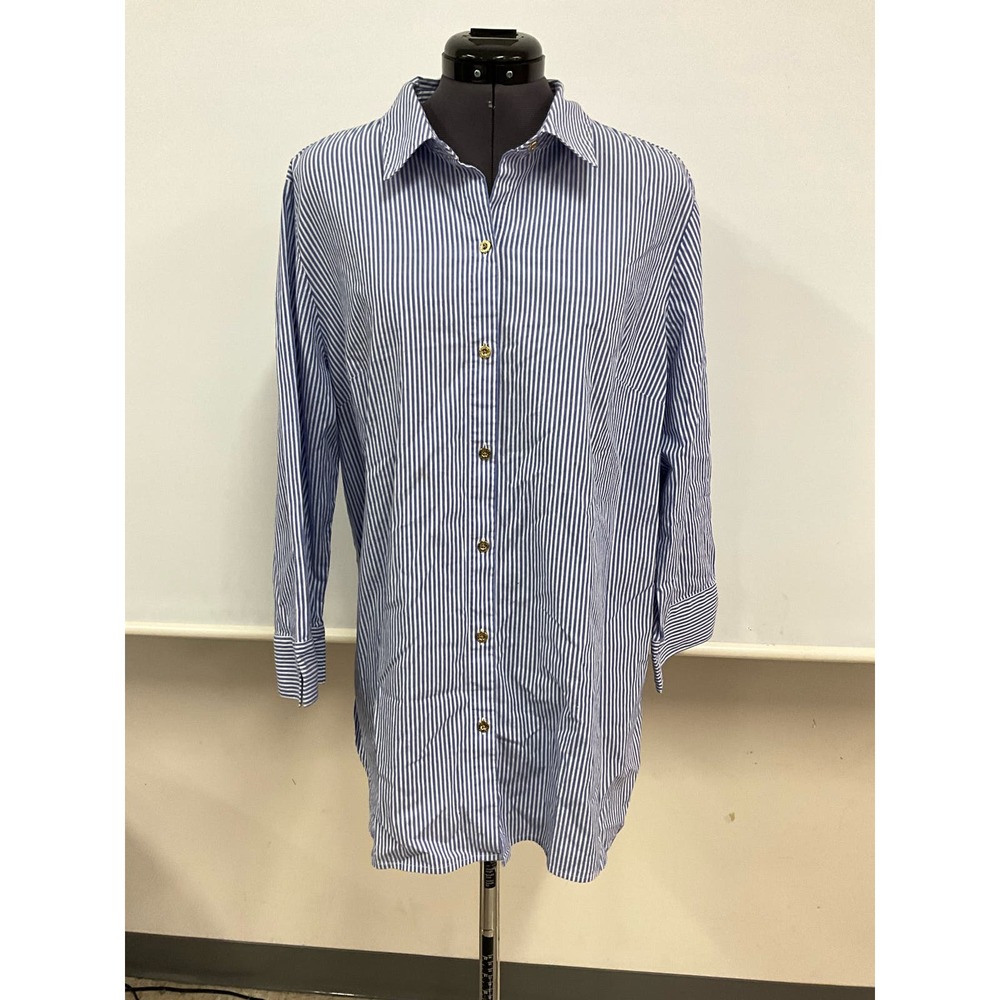 Women's Jones New York Signature Blouse Shirt Sz XL Blue White Gold Accents